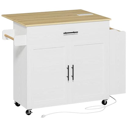 IRONCK Kitchen Island with Storage, Charging Station and Drop Leaf, White | Wheels, Drawers, Open Shelves, Drawer Storage, Everyday Home Use - color: White
