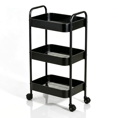 3-Tier Metal Rolling Cart with Smooth Casters, Lightweight Storage Utility Cart Mobile Organizer Rack, Multi-Purpose Basket Shelf for Kitchen, Bathroom, Closet, Pantry-Black - color: Black