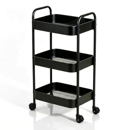 3-Tier Metal Rolling Cart with Smooth Casters, Lightweight Storage Utility Cart Mobile Organizer Rack, Multi-Purpose Basket Shelf for Kitchen, Bathroom, Closet, Pantry-Black - color: Black