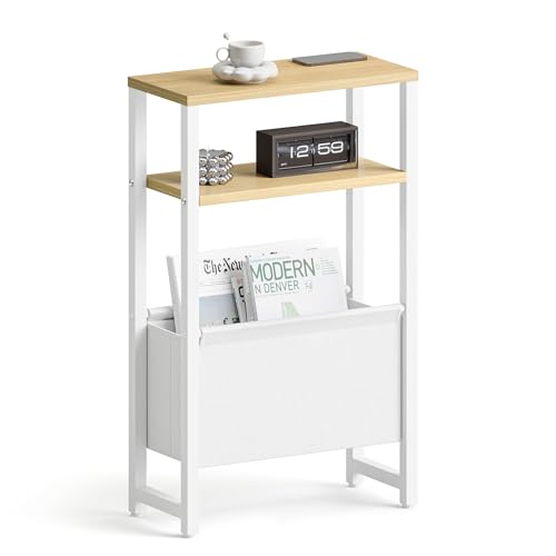 Narrow Side Table, Slim End Table with Magazine Rack, Skinny Bedside Table for Small Spaces, 3 Tier Sofa Couch Table Nightstand for Living Room, Bedroom, Natural LET503Y - color: Natural, style: No Charging Station