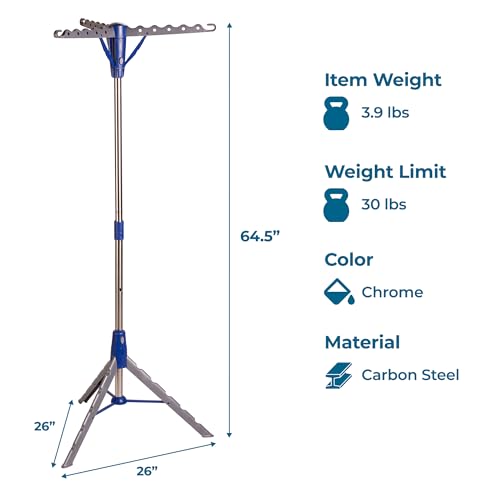 Honey-Can-Do 64-Inch Steel Tripod Clothes Drying Rack, Foldable Collapsible Laundry Stand with 3 Rotatable Arms, Holds 30 Hangers, Space-Saving Indoor Outdoor Air Dry Rack, Blue - style: 1 Tier