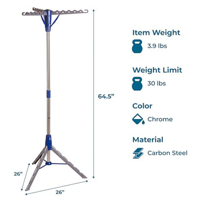 Honey-Can-Do 64-Inch Steel Tripod Clothes Drying Rack, Foldable Collapsible Laundry Stand with 3 Rotatable Arms, Holds 30 Hangers, Space-Saving Indoor Outdoor Air Dry Rack, Blue - style: 1 Tier