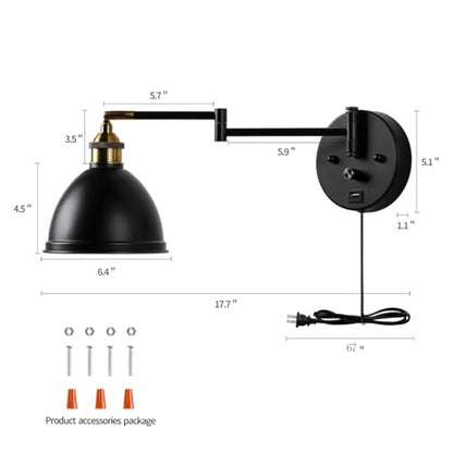 Swing Arm Wall Sconces, Plug-in Wall lamp,Bedroom Wall lamp ， White Fabric Shade，，with dimmable Switch and USB Charging Port, Suitable for Bedside, Living Room, Reading (Metallic Black) - color: Metallic black