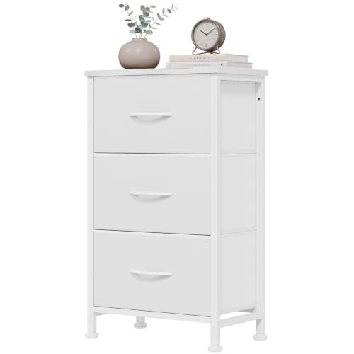 OLIXIS 3 Drawer Dresser for Bedroom, Small Night Stand Chest of Drawers | Bedside Table with Metal Frame, Removable Fabric Bins Storage Organizer for Closet, White - color: White
