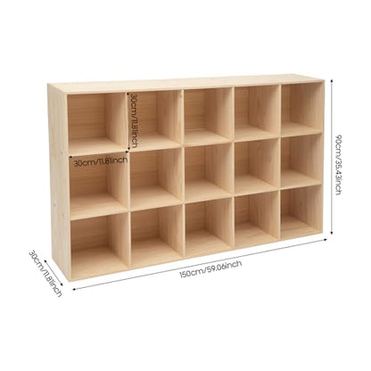 15 Cube Storage Organizer, Solid Wood Bookshelf with Back Panel, Floor Standing Open Bookcase, Vertical or Horizontal Shelf Unit for Living Room Office (59.1" L x 11.8" W x 35.4" H) - size: 15-Cube