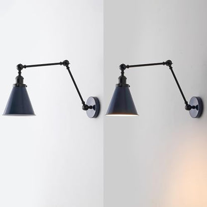 JONATHAN Y Rover 1-Light Wall Sconce 7", Navy/Black, Set of 2 | Adjustable Arm, Hardwired Bedside Reading Swing Arm, Farmhouse Cone Shade, Metal Hardwired Indoor Fixture, LED Bulbs Included - color: Navy/Black, size: Set of 2