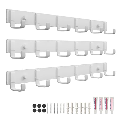 16" Heavy Duty Wall Mount Coat Rack with 6 Hooks, 3-Pack (White) | Strong Glue or Screw Mount，coat hanger for hanging Coats, Hats, Jackets & Bags in Entryway, Bedroom, Bathroom or Closet - color: White - 3 Pack