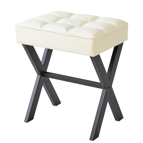 IBUYKE Square Makeup Stool with X-Leg, PU Vanity Chair, White LG-71W | Footrest Ottoman Seat Multi-Use Small Side Table Bedroom Living Room - color: White, size: 17.72"-Leather