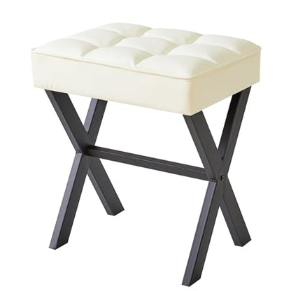 IBUYKE Square Makeup Stool with X-Leg, PU Vanity Chair, White LG-71W | Footrest Ottoman Seat Multi-Use Small Side Table Bedroom Living Room - color: White, size: 17.72"-Leather