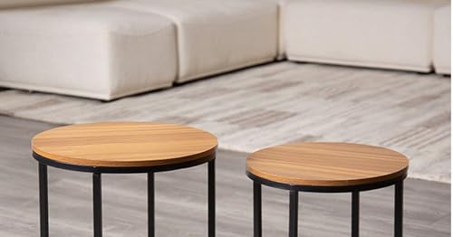 Penau Contemporary Nesting Side Tables, Metal Frame with Natural Solid Wood Tops, Space Saving Stackable Design, Set of 2, 15.5 x 15.5 x 17.5 Inchs, Black and Natural