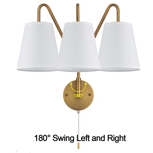 PASSICA DECOR Swing Arm Wall Sconces Set of 2 Hardwired 180 Degree Left and Right Wall Light with Pull Chain Antique Brass Wall Sconce Fabric Lighting Vintage for Bedroom Farmhouse Living Room - color: Antique Brass,White