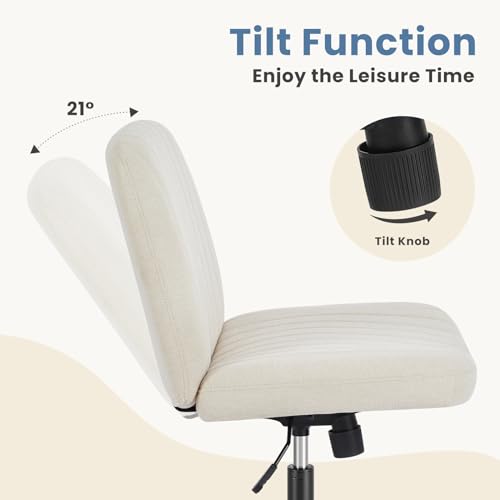 DUMOS Criss Cross Chair No Wheels Legged Office Wide Comfy Desk Vanity Chair, Armless Computer Task Seating, Swivel Home Height Adjustable for Bedroom, Study, Beige Fabric - color: Beige Fabric