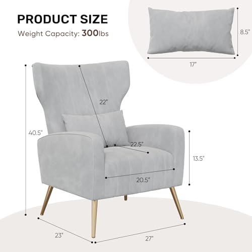 Nebuaegis Velvet Accent Chair Wingback for Living Room, High Back Arm Chair with Golden Legs Lumbar Pillow, Upholstered Single Sofa Bedroom Light Grey - color: Light Gray, size: Set of 1