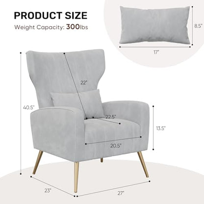 Nebuaegis Velvet Accent Chair Wingback for Living Room, High Back Arm Chair with Golden Legs Lumbar Pillow, Upholstered Single Sofa Bedroom Light Grey - color: Light Gray, size: Set of 1