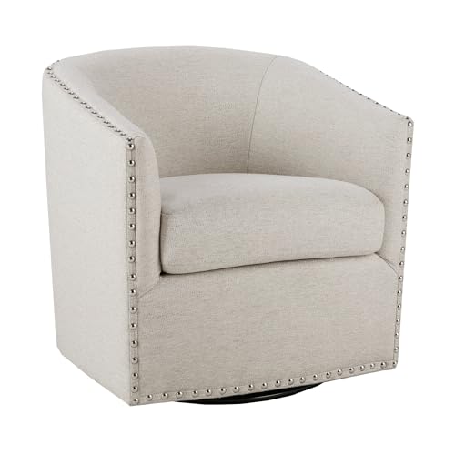 Madison Park Swivel Barrel Accent Chair, Upholstered Curved Back with 7-Inch Thick Woven Cushion, 360° Swivel, Nailhead Trim, Comfy Chair for Living Room, Bedroom, Office, 28" Wide, Neutral, Tyler - color: Natural Multi