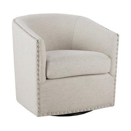 Madison Park Swivel Barrel Accent Chair, Upholstered Curved Back with 7-Inch Thick Woven Cushion, 360° Swivel, Nailhead Trim, Comfy Chair for Living Room, Bedroom, Office, 28" Wide, Neutral, Tyler - color: Natural Multi