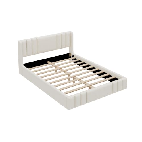 VilroCaz Queen Size Linen Upholstered Platform Bed Frame with Thick Fabric Headboard, No Box Spring Needed (Beige-6.17, Queen) - color: Beige-6.17, size: Queen