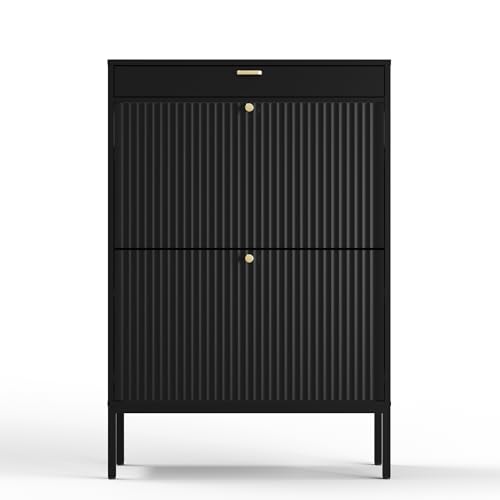 Shoe Cabinet, Shoe Storage Organizer Cabinet with 2 Flip Wavy Line Drawers, Freestanding Shoe Rack with Adjustable Shelf for Entryway（Black） - color: Wavy Line-black