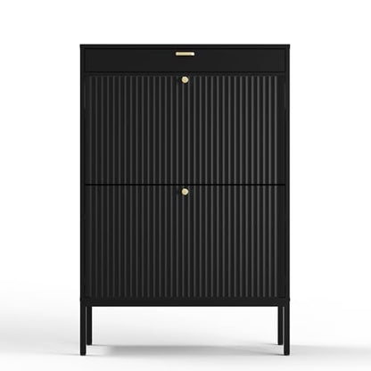 Shoe Cabinet, Shoe Storage Organizer Cabinet with 2 Flip Wavy Line Drawers, Freestanding Shoe Rack with Adjustable Shelf for Entryway（Black） - color: Wavy Line-black