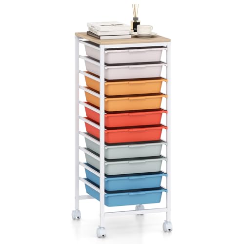 RELAX4LIFE 10-Drawer Rolling Storage Cart - Mobile Art Supply Craft Organizer on Wheels w/Wooden Tabletop & Metal Frame, Utility Storage Cart for Home Living Room Office Classroom (Macaron, 33.5”H) - color: Macaron, size: 33.5”H