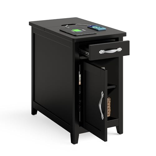 LINSY HOME Charging End Table with USB Ports, Wooden Door, Black | Built-in Charging Station with USB & Outlet, Drawer Storage, Detachable Cup Holder, Farmhouse Style, Compact, Living/Bedroom. - color: Black, size: Wood Door