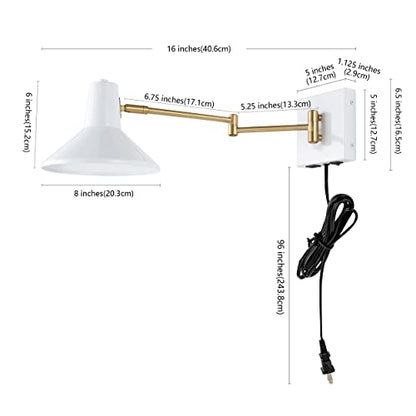 JONATHAN Y Hygge 1-Light Modern Swing Arm USB Sconce 8", White/Brass Gold | Metal Construction, Plug-In Midcentury Bedside Wall Lamp, Cone Shade, Adjustable Head, LED Bulb Included - color: White/Brass Gold