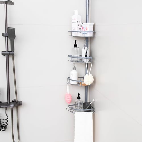 Rustproof Stainless Steel Shower Caddy Corner Organizer - Adjustable 29.5-108" Tension Pole with 4 Shelves, Non-Slip Base, Heavy-Duty Rust-Resistant Design, Includes 2 Hooks