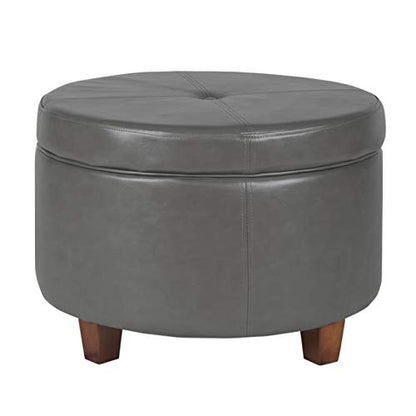 HomePop Round Leatherette Storage Ottoman with Lid, Charcoal Grey Large - color: Gray Faux Leather