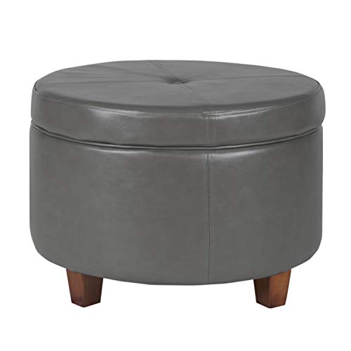 HomePop Round Leatherette Storage Ottoman with Lid, Charcoal Grey Large - color: Gray Faux Leather