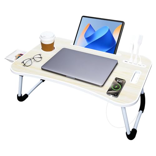 23.6 in Laptop Lap Desk, Foldable Laptop Table Tray with 4 USB Ports, 1 USB Charging Cable, Storage Drawer, Cup Holder, Bed Desk Stand Lap Tray Portable Standing Table for Bed Couch Floor - color: White