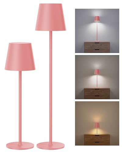 JACKYLED Cordless Table Lamps Rechargeable, 3 Adjustable Height, 5000Capactiy Opwer Operated, 3 Colors Smooth Dimming, Portable LED Waterproof Table Lamp for Dining, Bedroom, Outdoor ((2 Pack Pink) - color: Pink, size: 2 Pack-Round Base