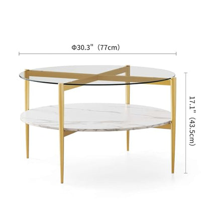 LumFurn Round Coffee Table for Living Room, Mid-Century Modern Design, D30 x H17, 2-Tier Structure, Clear Glass Top and White Marble Finish Wood Shelf, Sleek Conical Metal Legs with Gold Finish Frame - color: D30" Clear & White Marble