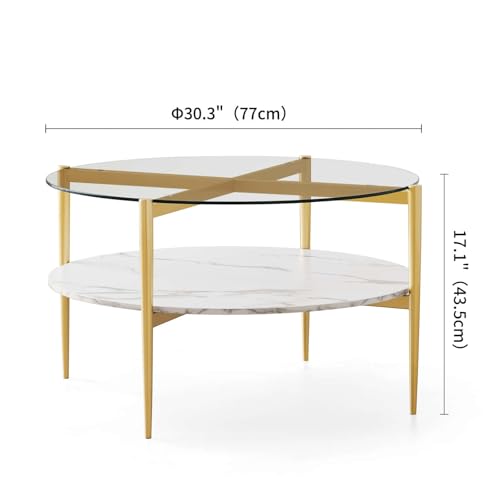 LumFurn Round Coffee Table for Living Room, Mid-Century Modern Design, D30 x H17, 2-Tier Structure, Clear Glass Top and White Marble Finish Wood Shelf, Sleek Conical Metal Legs with Gold Finish Frame - color: D30" Clear & White Marble
