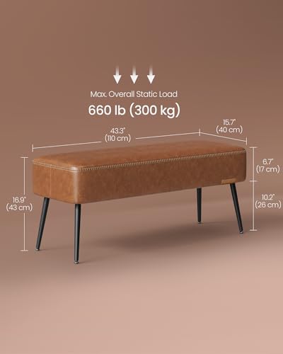 VASAGLE EKHO Collection - Bench for Entryway Bedroom, Synthetic Leather with Stitching, Ottoman Bench with Steel Legs, Living Room, Mid-Century Modern, Loads 660 lb, Caramel Brown ULOM076K01 - color: Caramel Brown, style: Steel Leg Bench