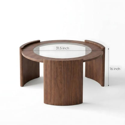 KEIKI Mid-Century Modern Round Coffee Table, 31.5" Wood & Tempered Glass Center Table, Circular Cocktail Table w/Thick Curved Legs, Raised Edge Design for Living Room, Apartment, Walnut Transparent - color: Walnut Transparent