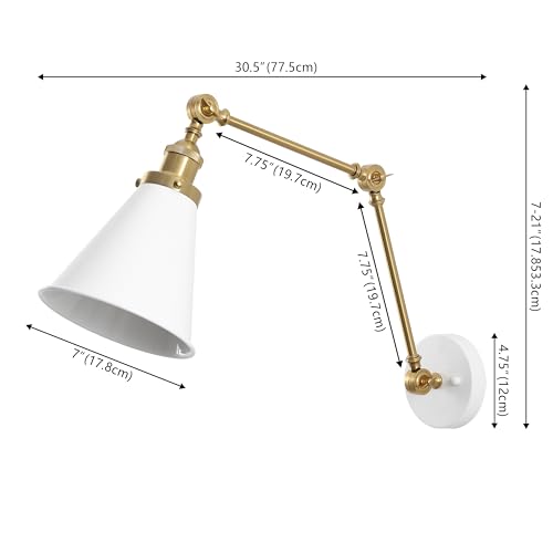 JONATHAN Y Rover 1-Light Wall Sconce 7", White/Brass Gold | Adjustable Arm, Hardwired Bedside Reading Swing Arm, Farmhouse Cone Shade, Metal Hardwired Indoor Fixture, LED Bulbs Included - color: White/Brass Gold, size: Set of 1