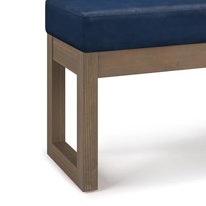 SIMPLIHOME Milltown 27" Wide Vegan Leather Rectangle Ottoman in Dark Blue | Distressed dark blue, contemporary ottoman, footstool or footrest with a cushioned seat for extra seating in the bedroom. - color: Distressed Dark Blue, style: Small Ottoman Bench