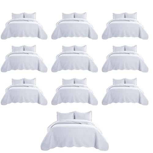 MOONLIGHT20015 Twin Quilt Bedding Set (68” x 86”) - Bulk Pack of 10 Wholesale for Hotels, Guest Bedroom & Airbnbs - Lightweight Microfiber Reversible Embossed Quilts Bedspreads (White) - color: White, size: Twin (10 Pack)