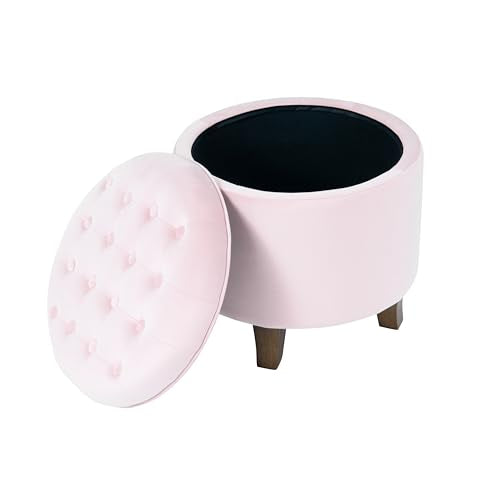 HomePop by Kinfine Fabric Upholstered Round Storage Ottoman - Velvet Button Tufted Ottoman with Removable Lid, Pink, Small - color: Pink