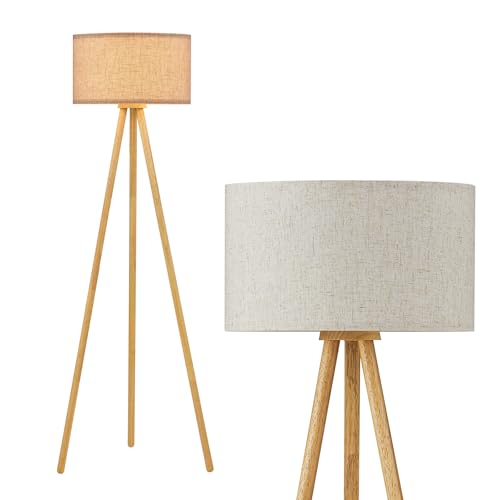 Wood Tripod Floor Lamp with 3 Color Temparature LED Bulb, Modern Wooden Standing Floor lamp Linen Shade for Living Room, Bedroom, Office, ETL Listed/Natural Wood Color - color: FSC Natural Wood and Linen Shade