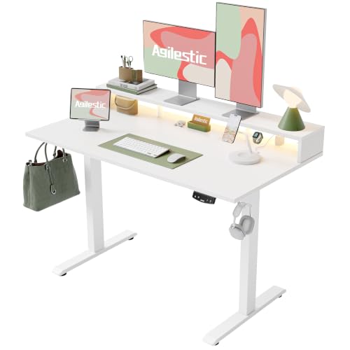 Agilestic 55 * 24 Inch Electric Standing Desk with Shelf & Led, White | Electric Height Adjustable, Outlets&Led, Monitor Stand, Sturdy Steel Frame, Memory Presets, Hooks, 154 lbs, Splice Board - color: Led-white, size: 55 x 24 Inches with led and power st