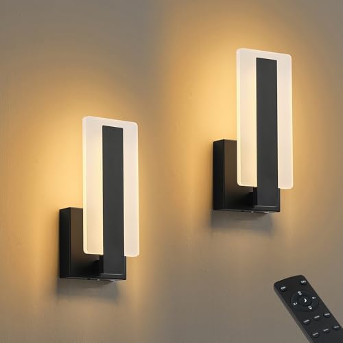 KARTOOSH Battery Operated Modern Wall Sconce Set of Two, Black | Rechargeable Wireless Wall Light with Remote Control, Dimmable 3 CCT, Timer, Night Mode, for Hallway, Bedroom, Living Room - color: Black