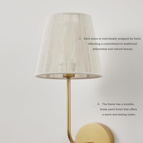 White Boho Wall Sconces Set of 2 Plug-in | Wall Light Brass Paint Finish with Natural Wicker Rattan Shade Hand Woven for Bedside, Living Room, Fireplace, Hallway - color: Brass Paint Finish