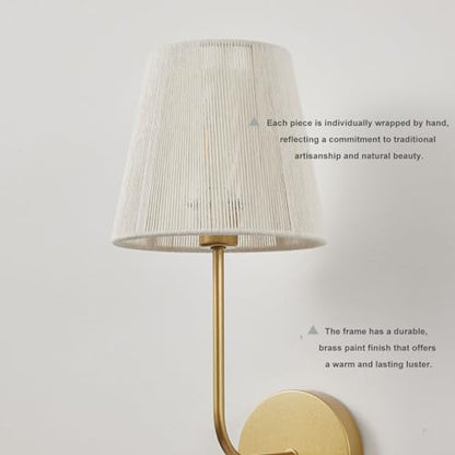 White Boho Wall Sconces Set of 2 Plug-in | Wall Light Brass Paint Finish with Natural Wicker Rattan Shade Hand Woven for Bedside, Living Room, Fireplace, Hallway - color: Brass Paint Finish