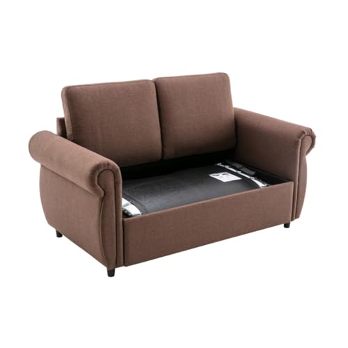 Brown 57.5" Pull Out Sofa Bed Loveseat Sleeper with Twin Size Memory Mattress for Living Room Spaces