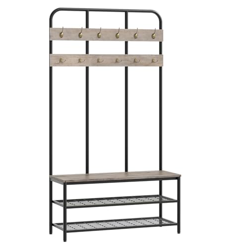 HOOBRO Hall Tree with Bench, Entryway Bench with Coat Rack, Mud Room Rack with 12 Double Hooks and Shoe Storage, Coat Tree, Shoe Organizer, for Foyer, Front Door, Greige and Black BG05MT01 - color: Greige + Black