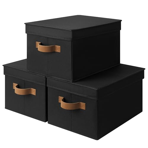 StorageWorks Fabric Storage Bins with Lids, Closet Storage Bins | Lidded Dust-proof, Easy Pull Handles, Foldable, Stackable, Ideal for Clothes Blanket Towel, Large, Black, 3-Pack - color: Black, size: Large