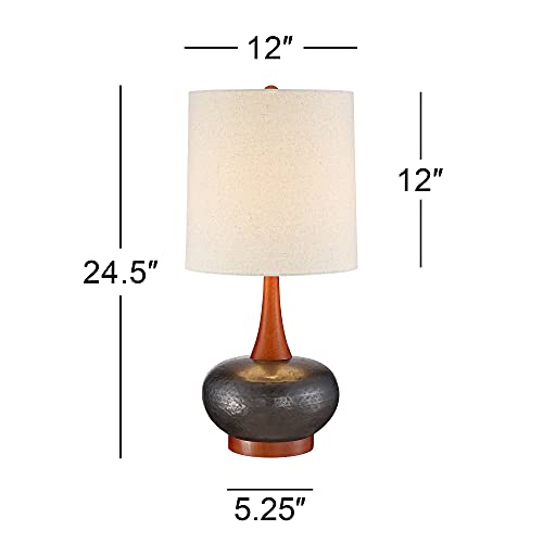 Andi 24 1/2" High Table Lamp Wood Ceramic Mid-Century Modern White | Colors May Vary. Hammered Bronze Brown Living Room Bedroom House Bedside Nightstand Home Office Drum Shade - color: Wood and Dark Hammered Ceramic