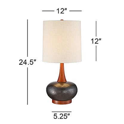 Andi 24 1/2" High Table Lamp Wood Ceramic Mid-Century Modern White | Colors May Vary. Hammered Bronze Brown Living Room Bedroom House Bedside Nightstand Home Office Drum Shade - color: Wood and Dark Hammered Ceramic
