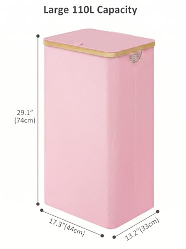 IEGrow Laundry Hamper with Lid,110L Laundry Basket with Mesh Bags,Pink | Dirty Clothes Hamper Basket with Bamboo Handle for Clothes Towels - color: Pink, size: 110L
